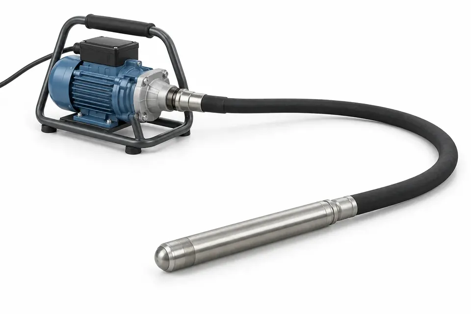 Portable concrete vibrator with motor, flexible shaft and poker head