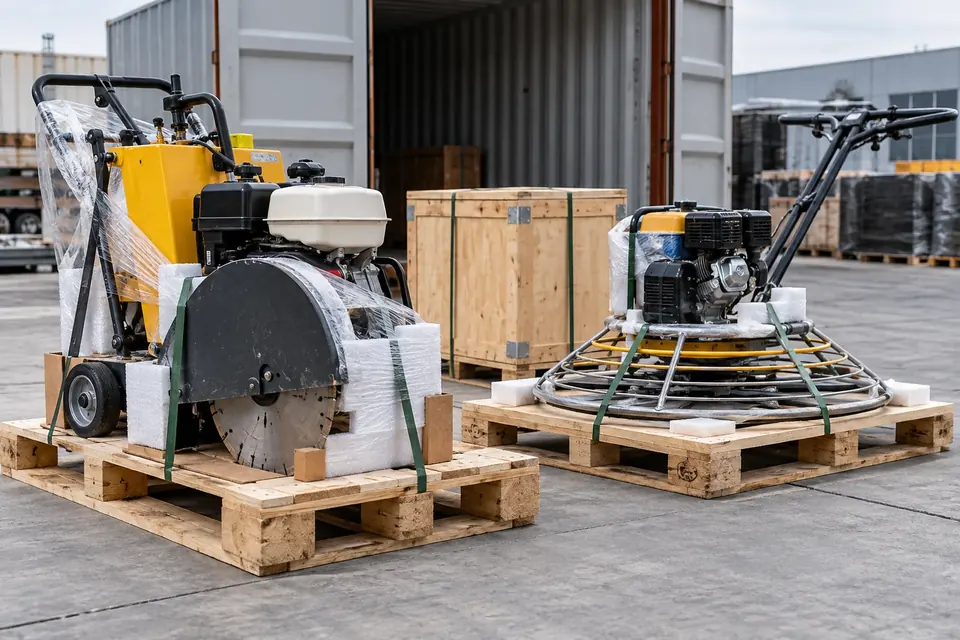 Concrete saw and power trowel secured on pallets for shipment