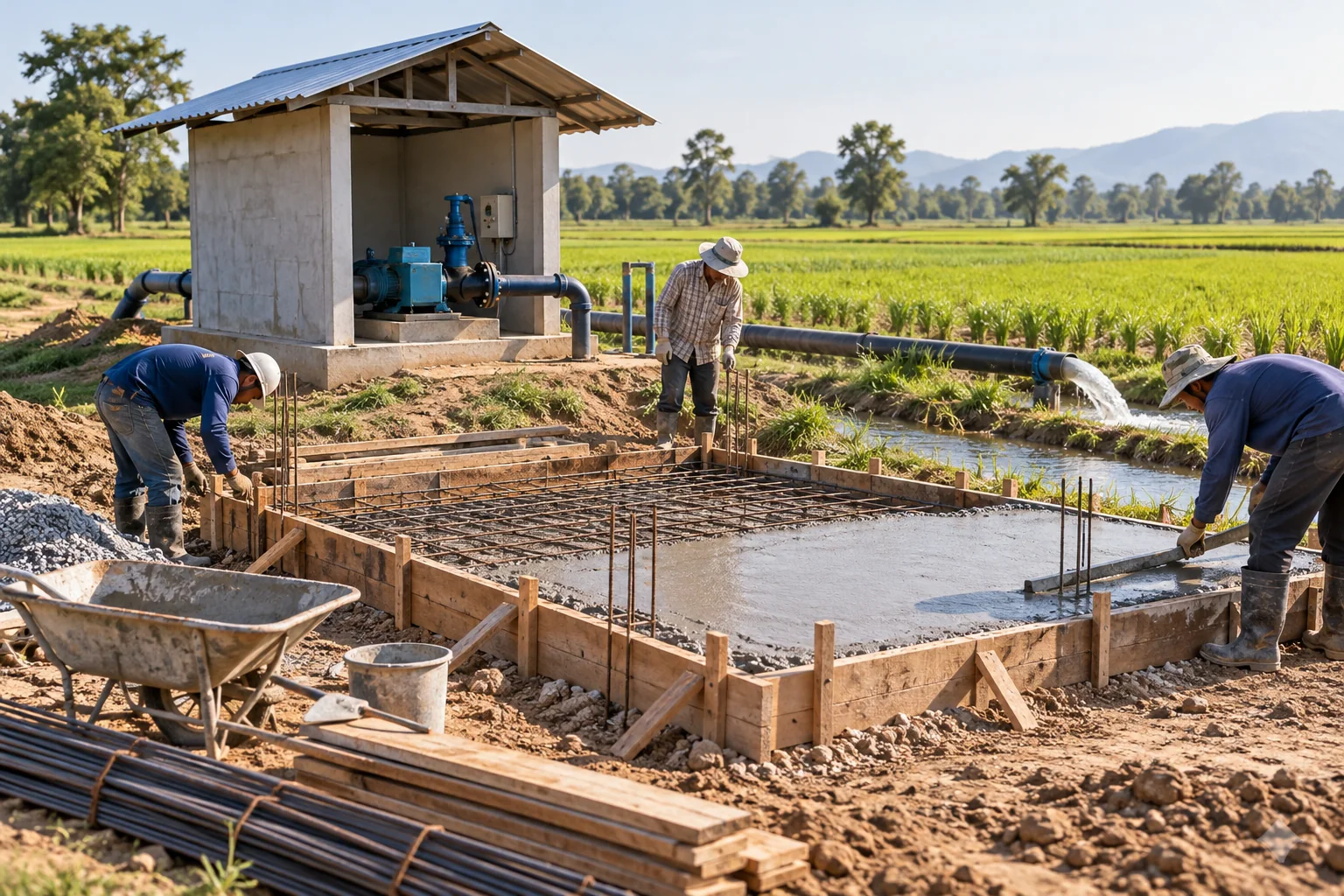 Concrete foundation works beside a farm irrigation pump house