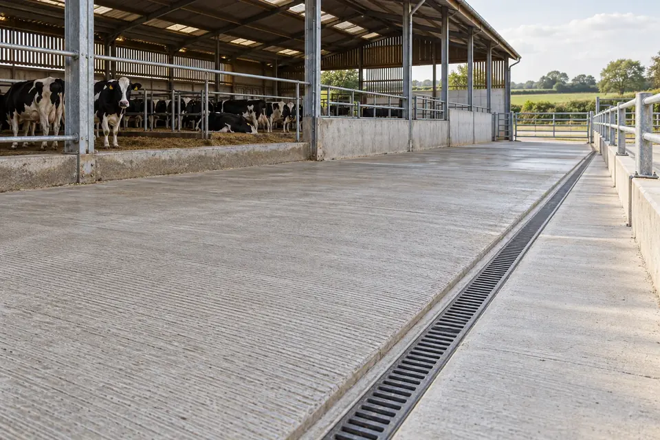 Textured concrete surface and drainage channel at a dairy facility