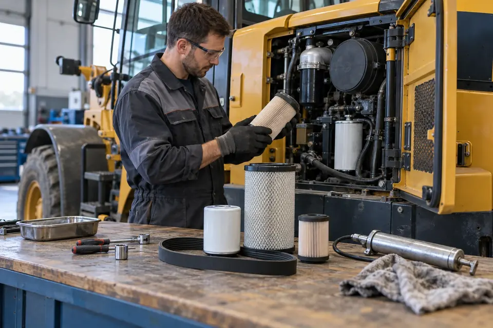 Technician checking a filter beside service tools and replacement parts