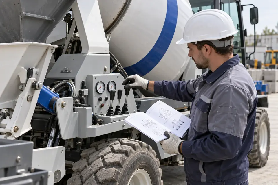 Technician demonstrating stationary mixer controls with an operating booklet