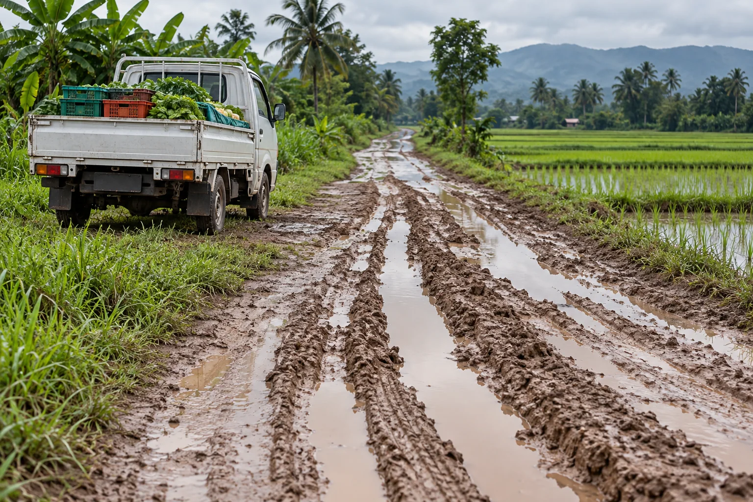 Produce truck beside a muddy farm access road after rain