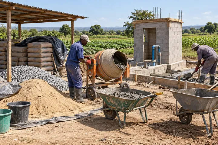 Small concrete mixer and wheelbarrows supplying a farm construction site