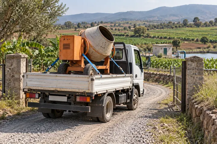 Truck transporting a compact mixer through a narrow farm entrance