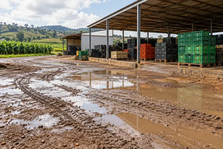 Standing water and wheel ruts in an unpaved produce collection yard