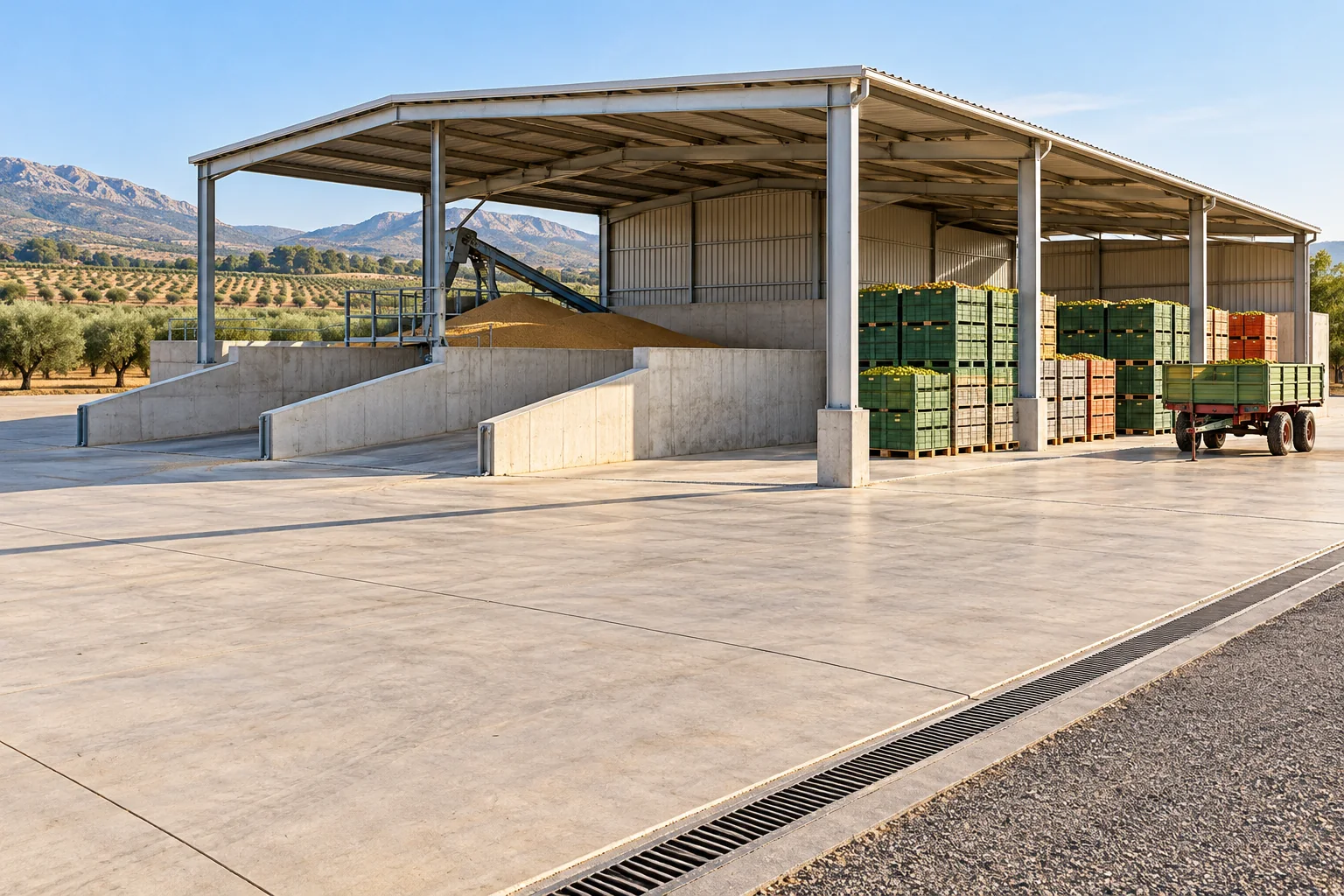 Concrete loading apron outside an agricultural collection warehouse