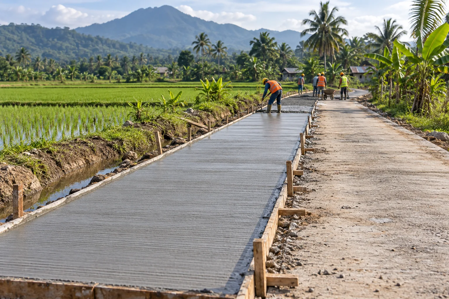 Concrete farm access road with formwork, shoulders and a drainage ditch