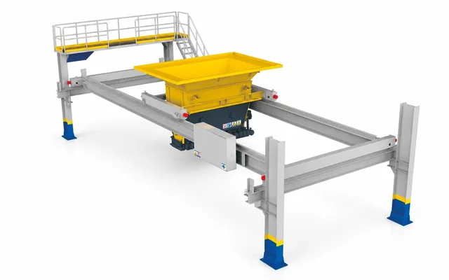 Concrete distributor with gantry structure and hopper for precast wall and slab casting