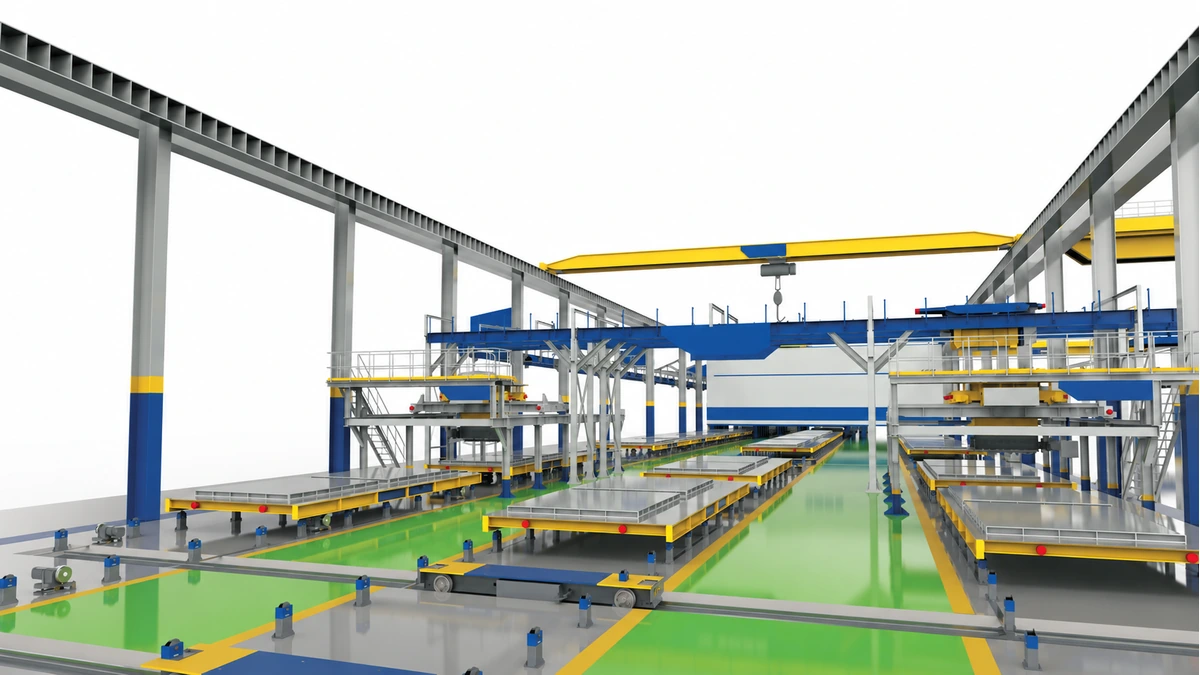 Dual-Circulation Production Line reference configuration for building precast concrete elements