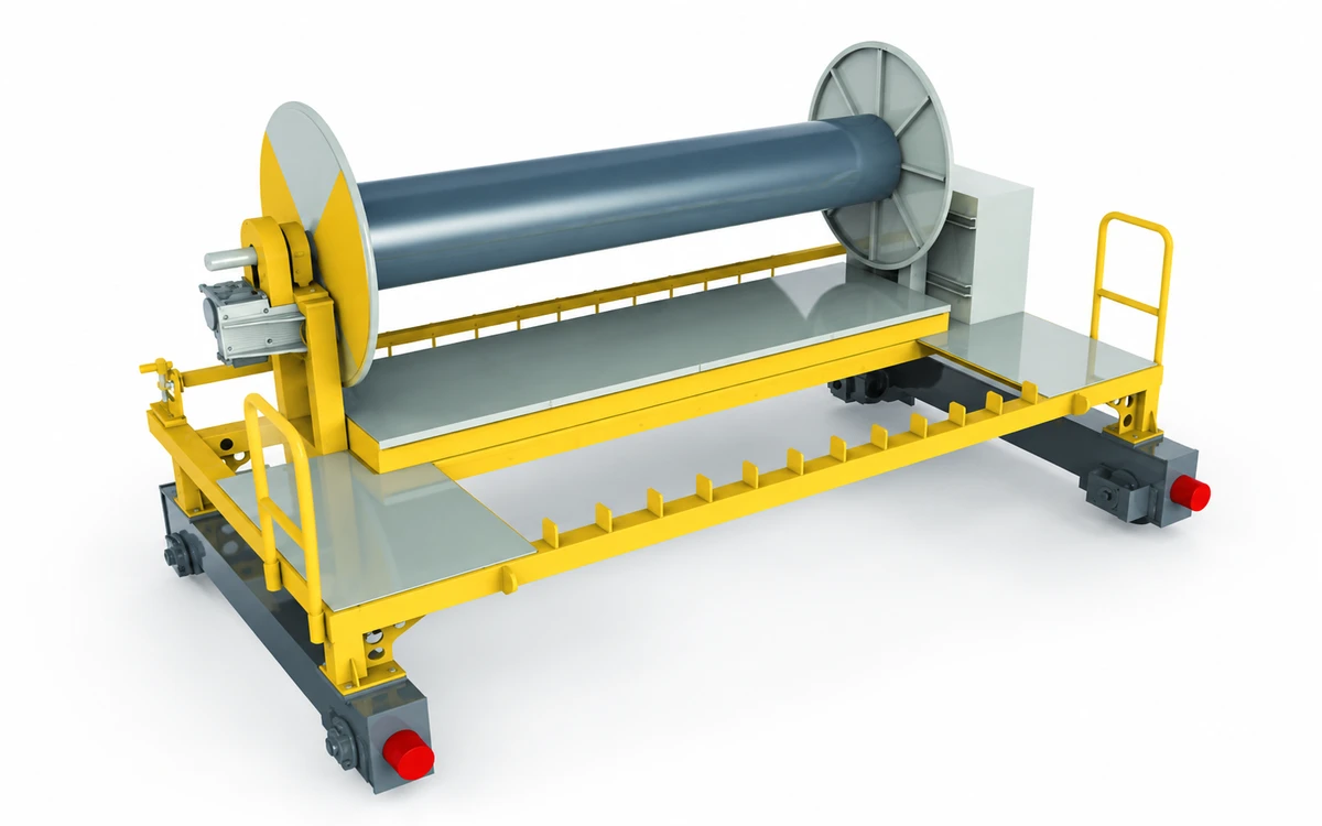 Reinforcement and film laying machine with film roller and travelling frame for a precast slab bed