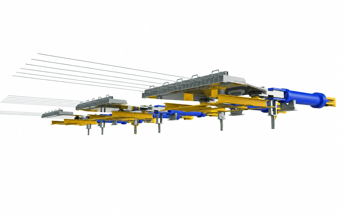 Automatic gang stressing machine for a prestressed composite slab production line