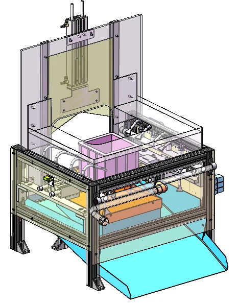 Concrete cube mould filling station with hopper and positioning platform
