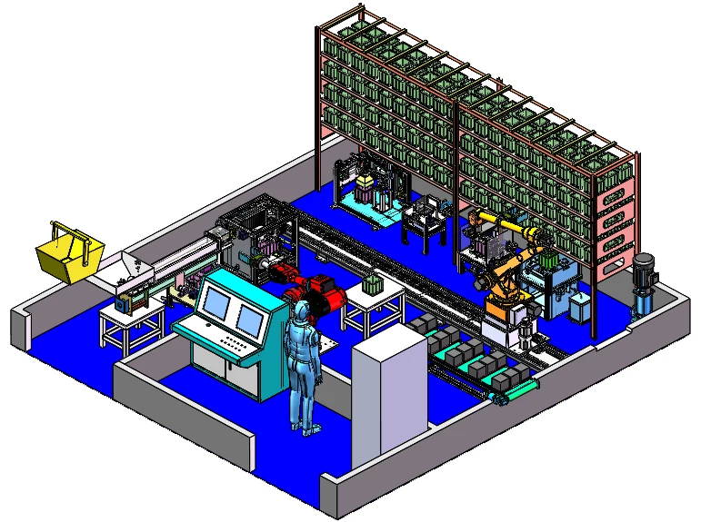 Three-dimensional concrete cube preparation cell showing robots, preparation stations and initial storage racks