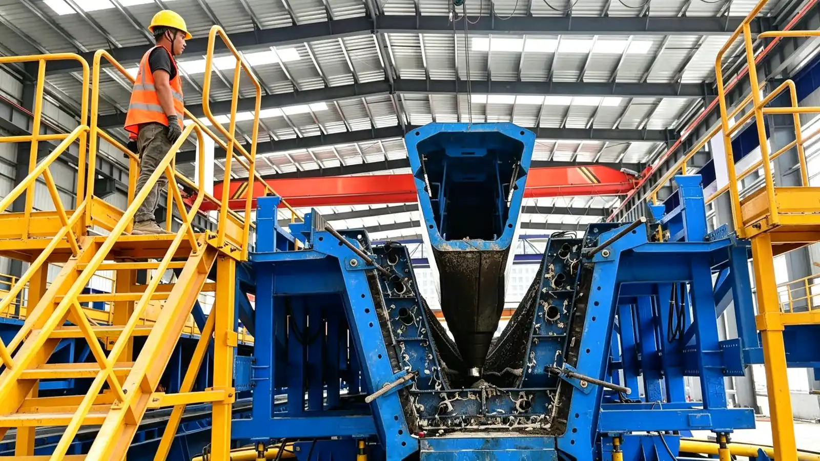 Steel box girder mould form positioned in a precast concrete production area
