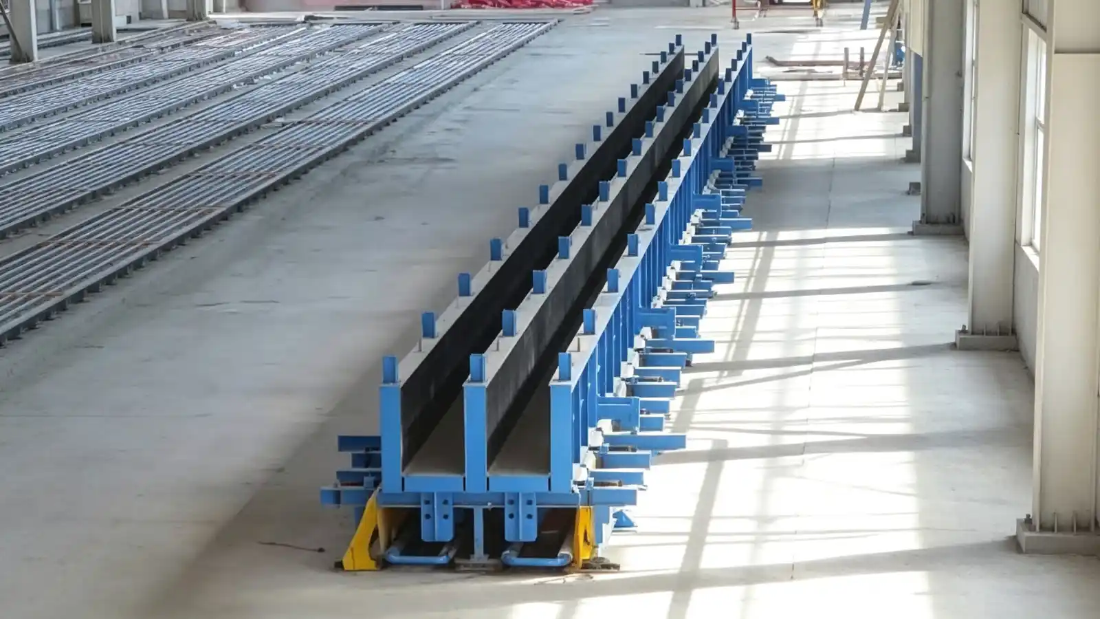 Long blue steel mould for precast building columns and beams positioned on a factory production floor