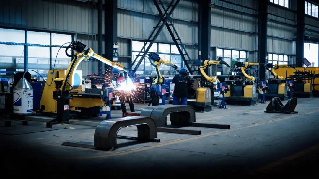 Welders fabricating a heavy steel component in a Realjet fabrication workshop