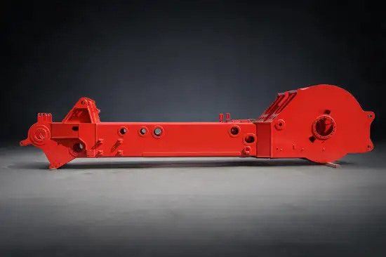 Red fabricated crane mast and base structure with machined mounting and pin interfaces