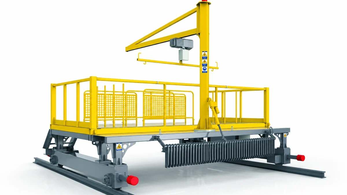 Rail mounted surface roughening machine with a cutter head and operator platform on a precast line