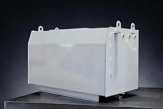 Rectangular welded steel fuel tank with lifting and mounting features for machinery installation