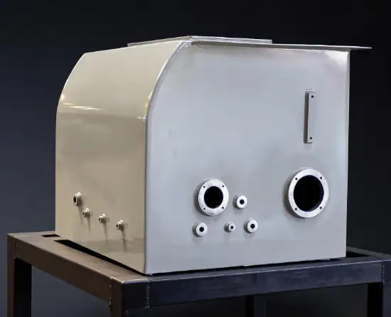 Fabricated hydraulic oil tank with welded ports and mounting brackets