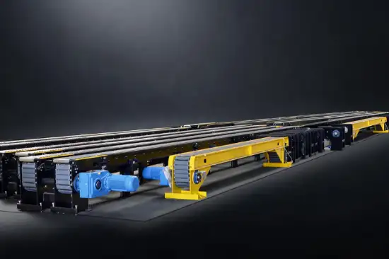 Long industrial chain conveyor with steel frames, chain tracks and drive units