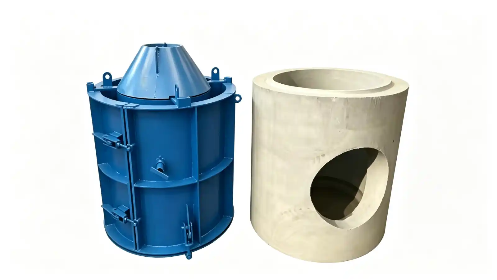 Blue cylindrical steel mould for precast manholes and inspection chambers shown beside a finished chamber unit