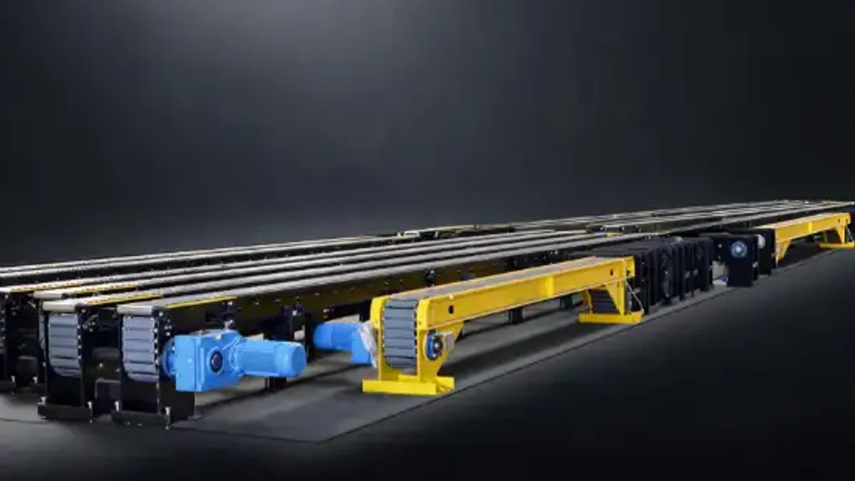 Precast beam production equipment arranged inside a manufacturing facility