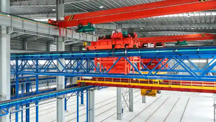 Overhead concrete distributor positioned above blue steel beam moulds in a factory