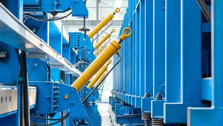 Blue hydraulic girder moulds inside a precast beam production line