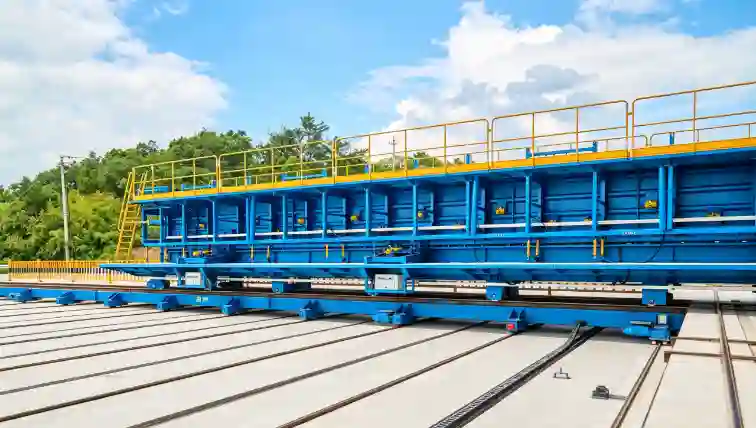 Rail-mounted precast girder mould system arranged across parallel production tracks