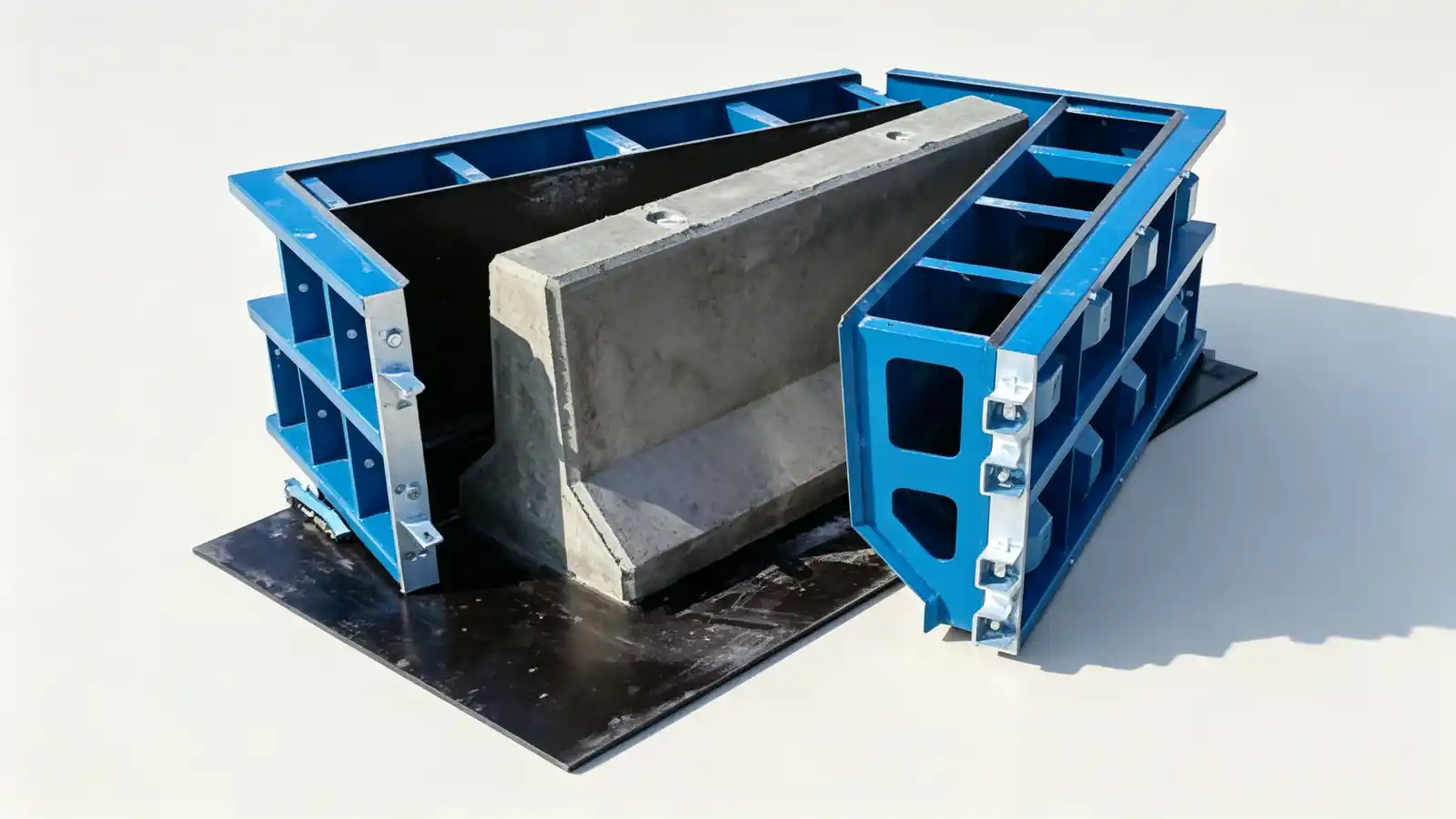 Blue steel road barrier mould opened around a finished concrete barrier section