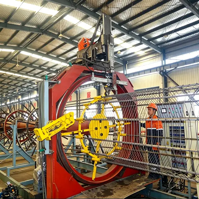 Automatic cage welding equipment producing a reinforcement cage for spun concrete piles