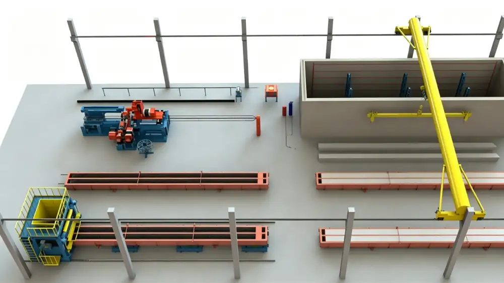 Reference layout of mould circulation, spinning and curing equipment in a PHC spun pile production line