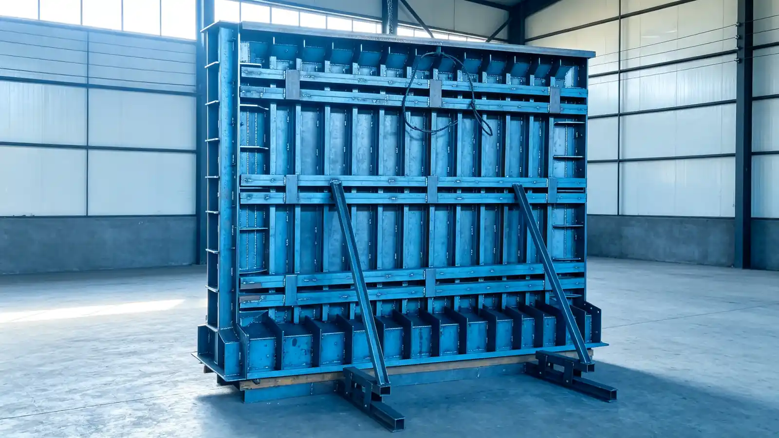 Upright blue steel wall panel mould standing in a fabrication workshop ready for delivery to a precast building component factory