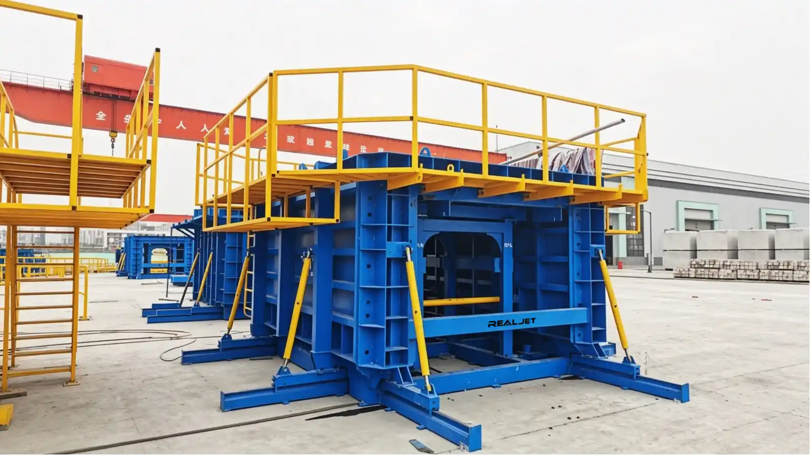 Steel box culvert moulds arranged in a precast concrete production facility