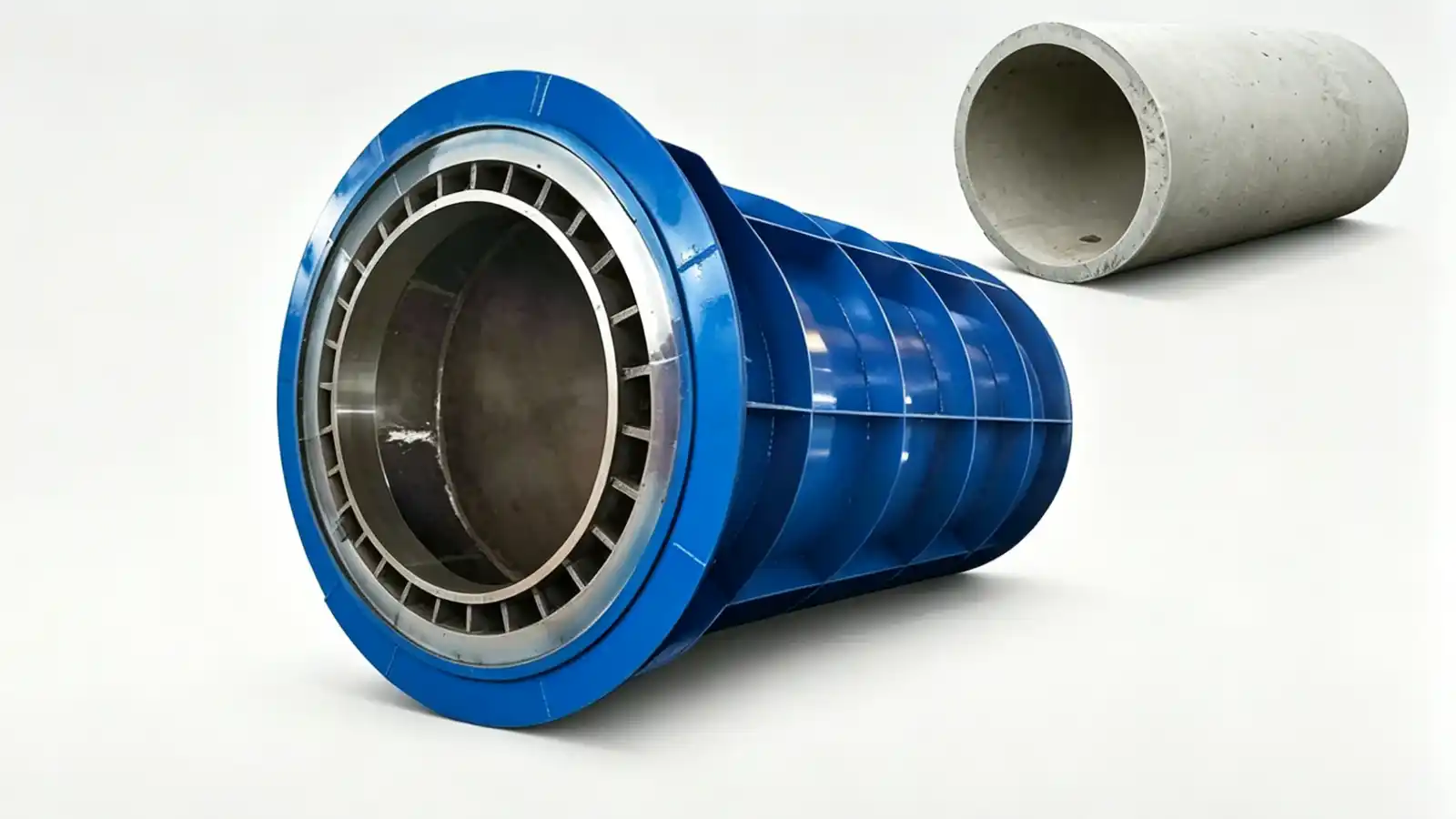 Steel mould for precast concrete pipe production shown in a workshop