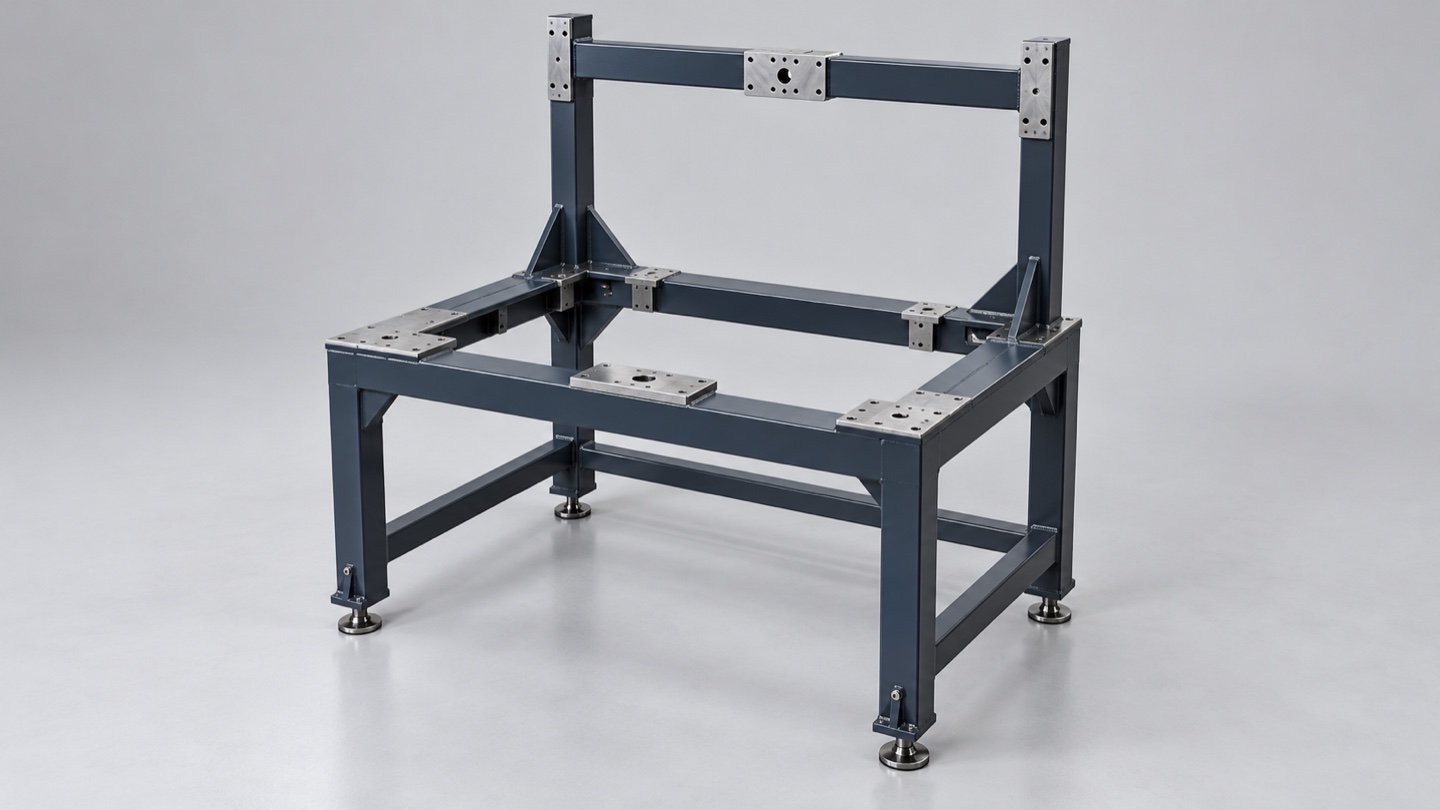 Inspection station frame with workpiece mounting pads and upright camera-support attachment faces