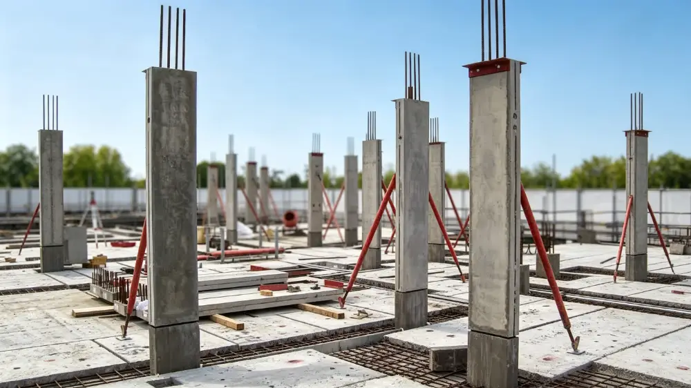 Finished precast structural columns installed on a building floor