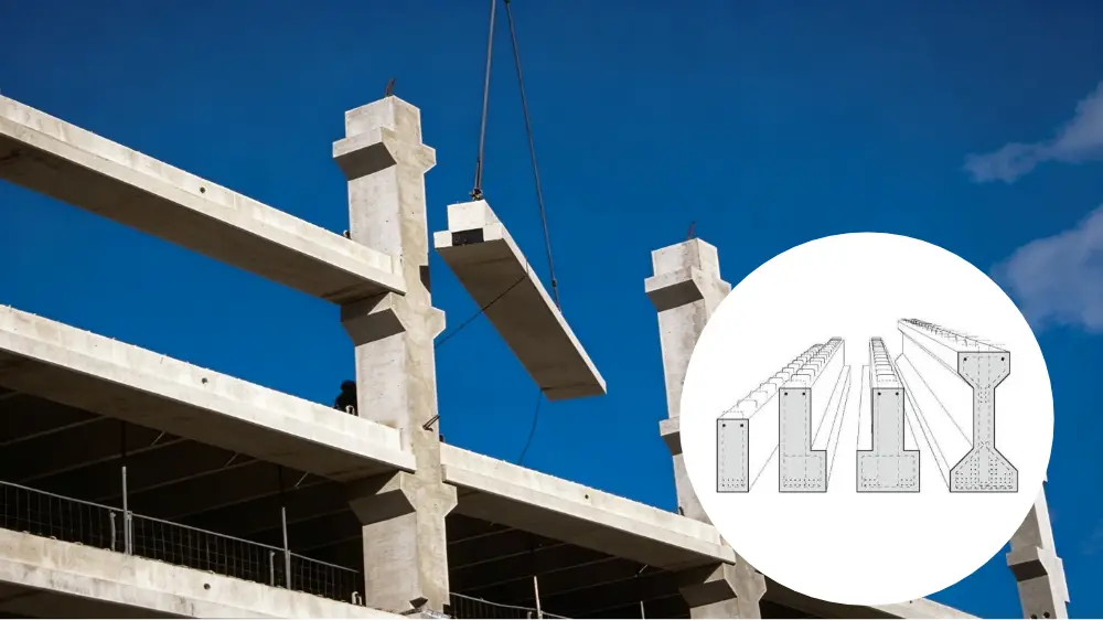 Precast building beams being installed between structural columns