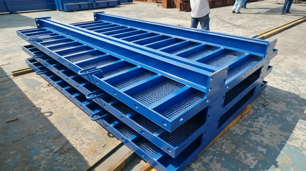 Adjustable end form, screw adjusters and replaceable insert on a precast column or building beam steel mould