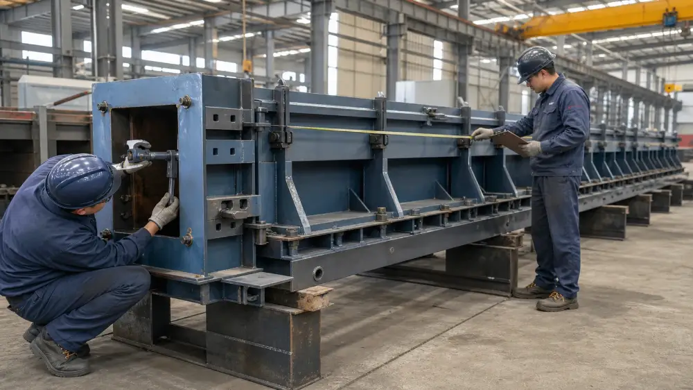 Technicians carrying out dimensional and assembly inspection on a precast column or building beam steel mould