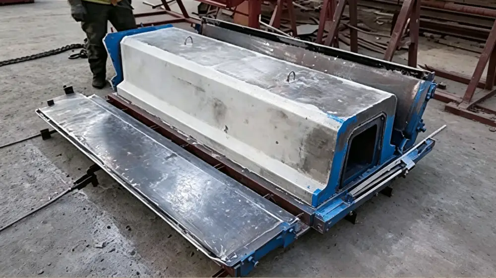 Steel U-drain mould with its outer side panels opened for demoulding