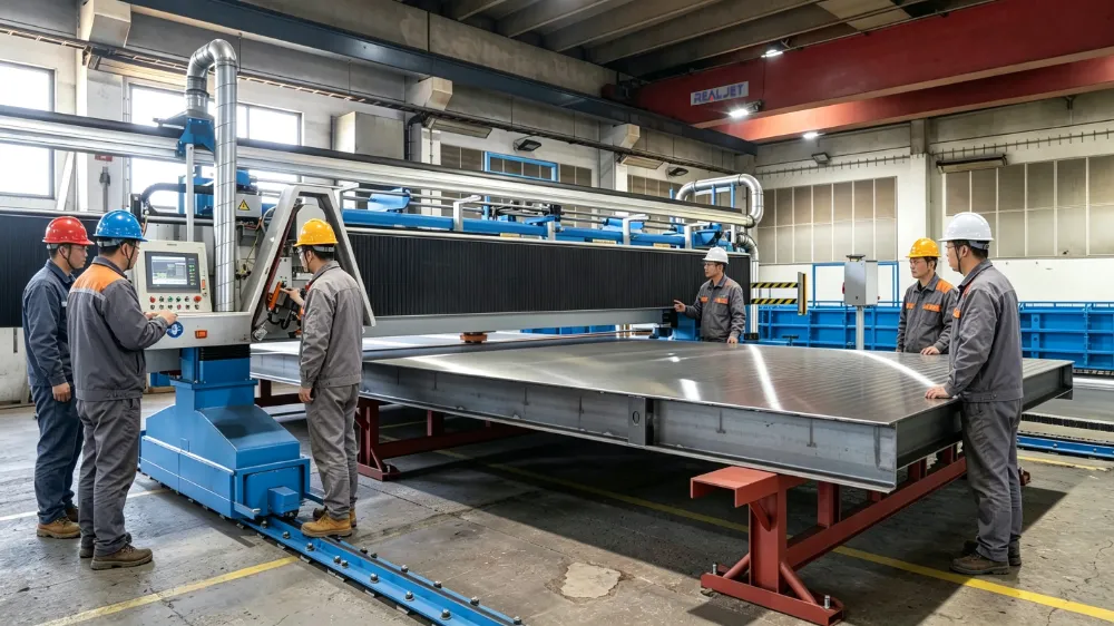 Surface finishing of a precast slab steel mould during manufacturing