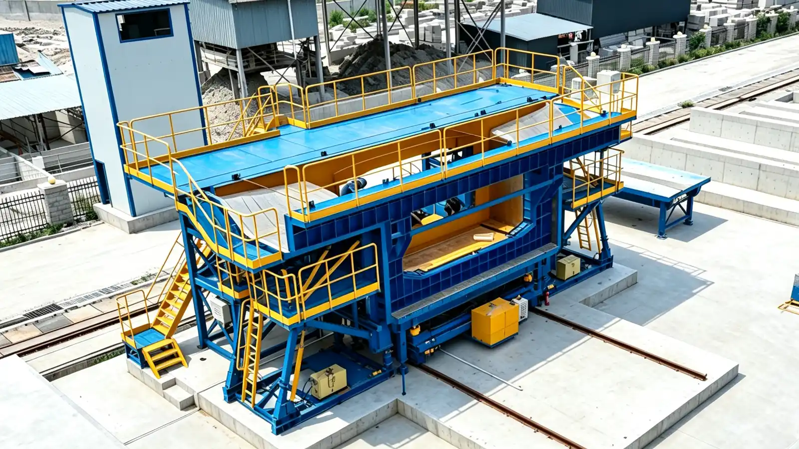 Large blue and yellow steel mould system for precast segmental bridge production in an outdoor casting yard