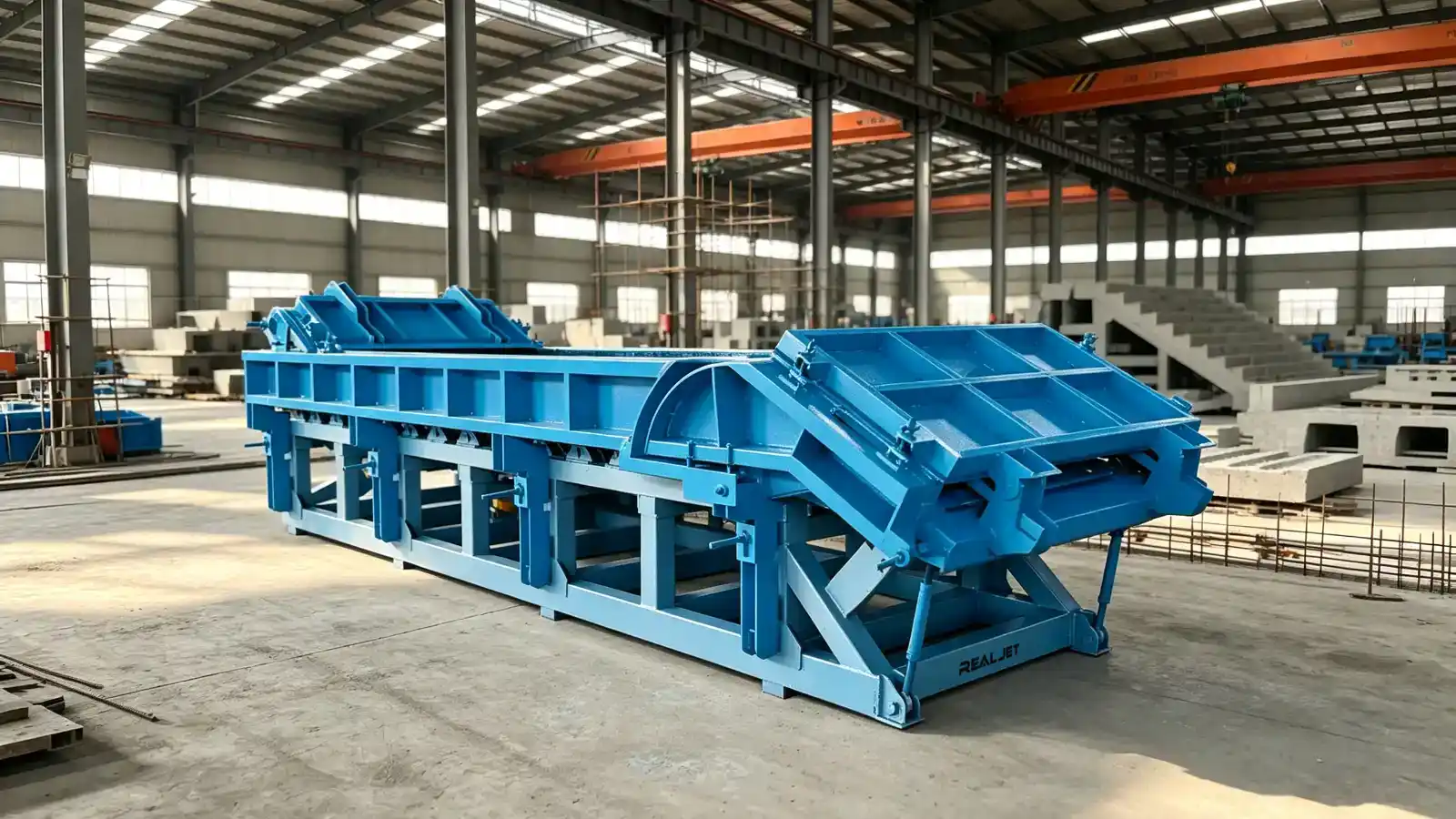 Blue steel mould with shaped end forms for precast concrete stairs and balcony components inside a factory