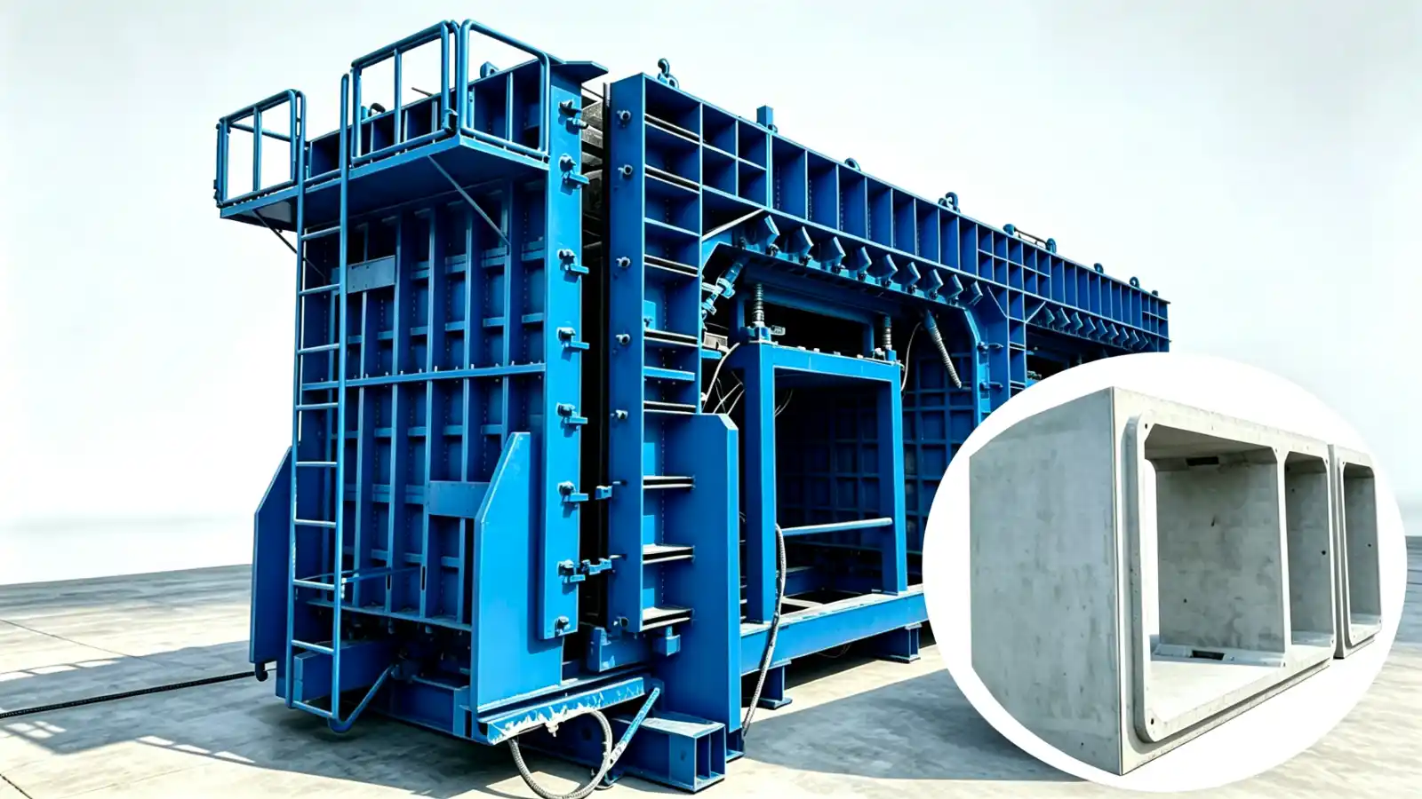 Large blue steel mould for precast underground structural modules shown with completed concrete units