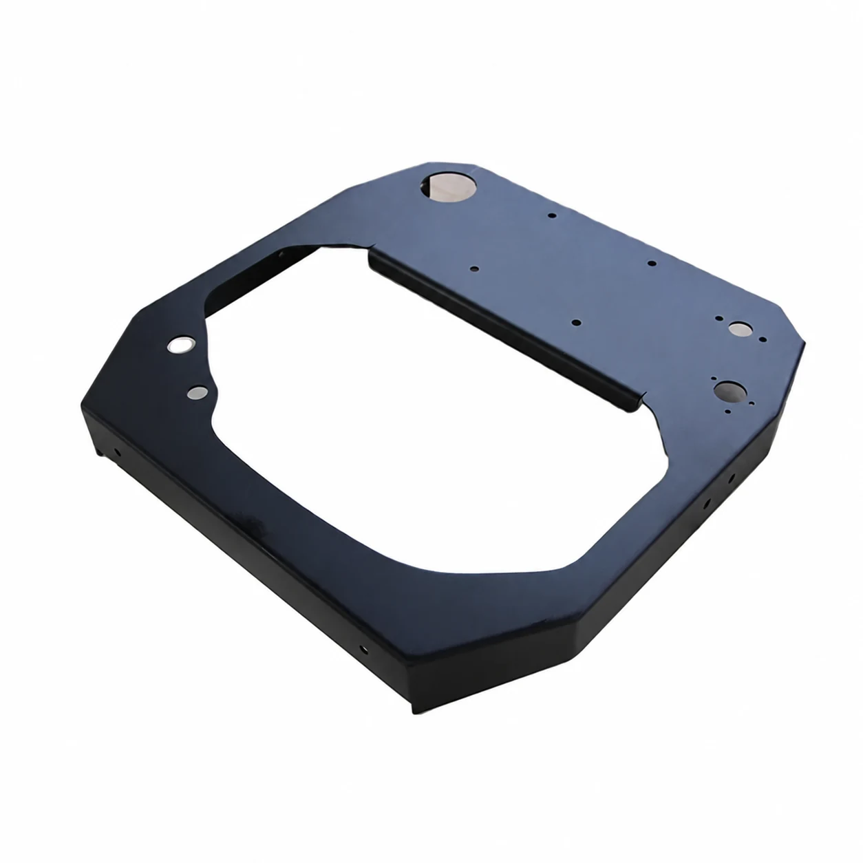 Unbranded black finished formed metal panel with a large opening and mounting holes