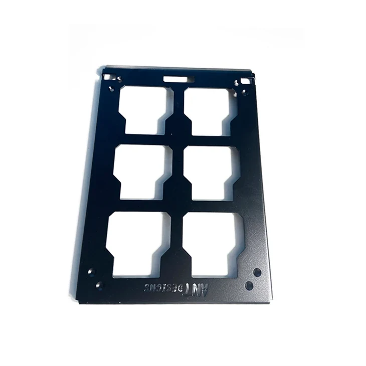 Black metal panel with repeated rectangular openings and fixing holes