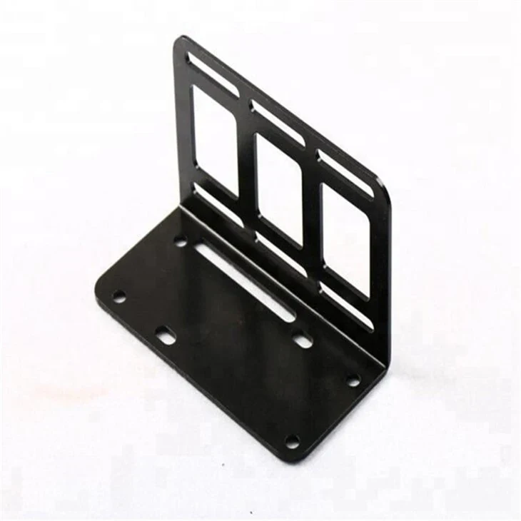 Black formed equipment mounting plate with a rectangular cutout and mounting flange